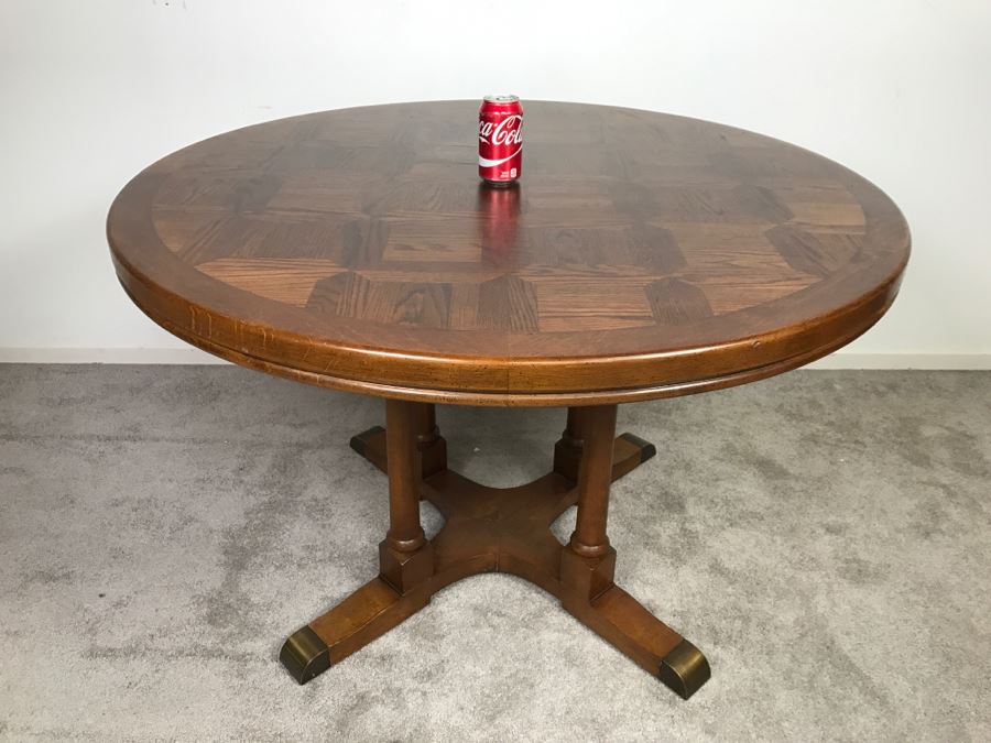 Round Pedestal Dining Table With Geometric Inlay Top [Photo 1]