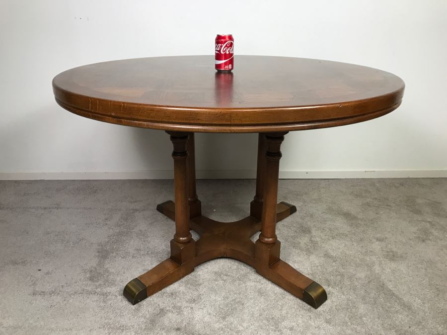 Round Pedestal Dining Table With Geometric Inlay Top [Photo 3]