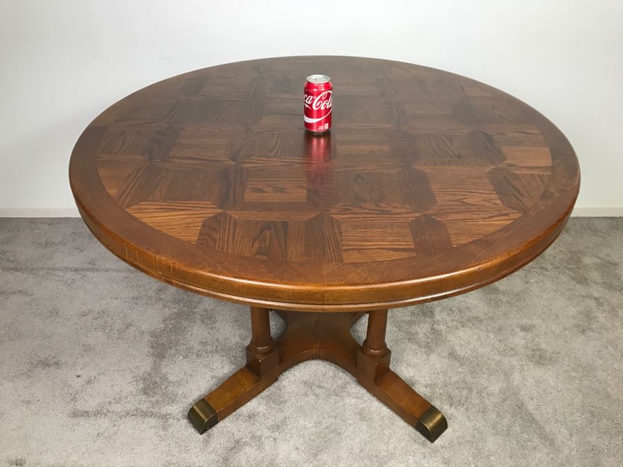 Round Pedestal Dining Table With Geometric Inlay Top [Photo 2]