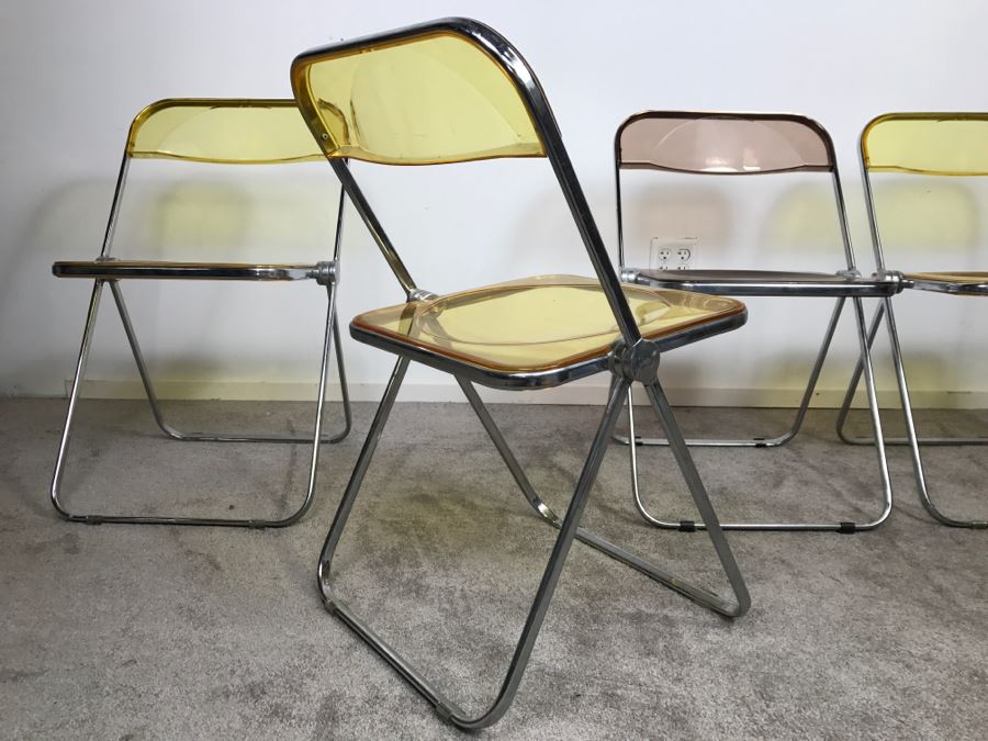 Set Of (4) Mid-Century Modern Folding Chrome Acrylic Colored Chairs (3) Yellow (1) Light Purple [Photo 1]