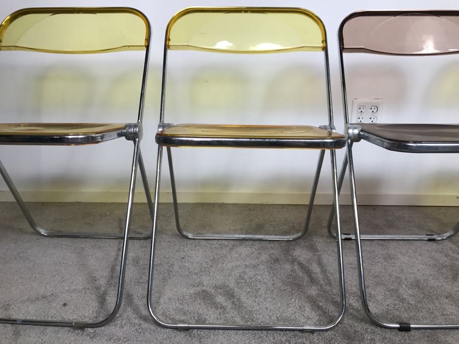 Set Of (4) Mid-Century Modern Folding Chrome Acrylic Colored Chairs (3) Yellow (1) Light Purple [Photo 6]
