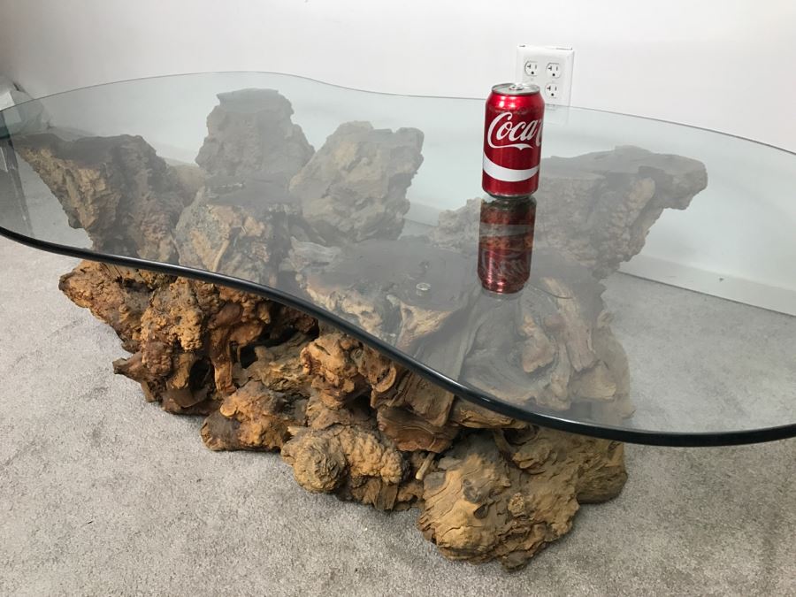 Impressive Organic Burl Wood Coffee Table Base With 3/4' Amoeba Glass Top [Photo 17]