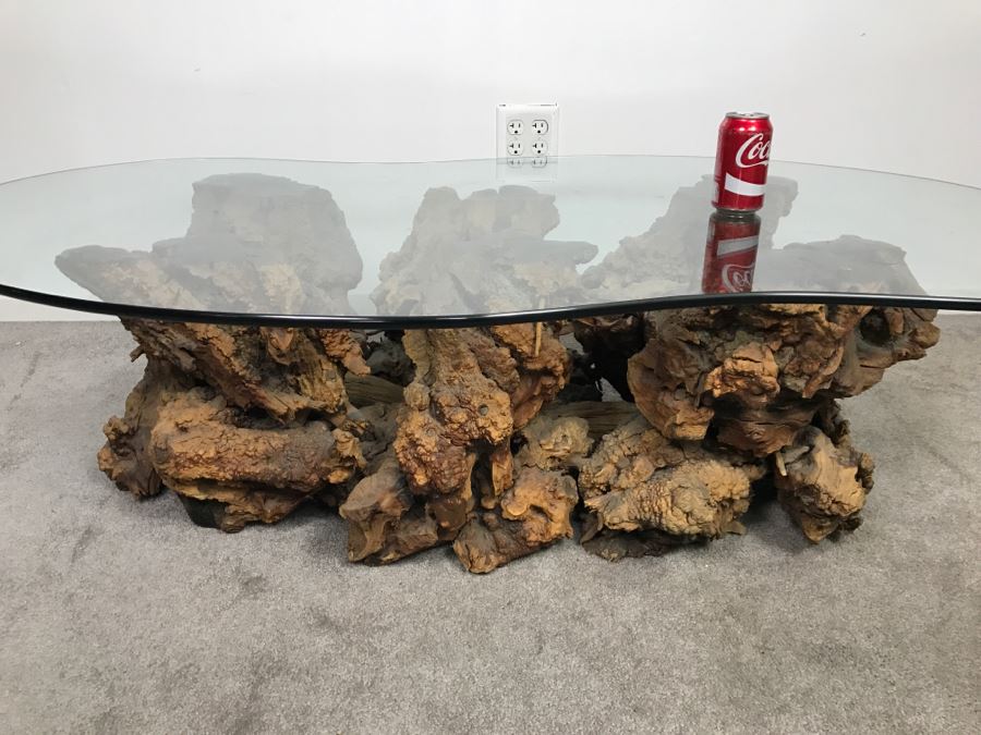 Impressive Organic Burl Wood Coffee Table Base With 3/4' Amoeba Glass Top [Photo 18]