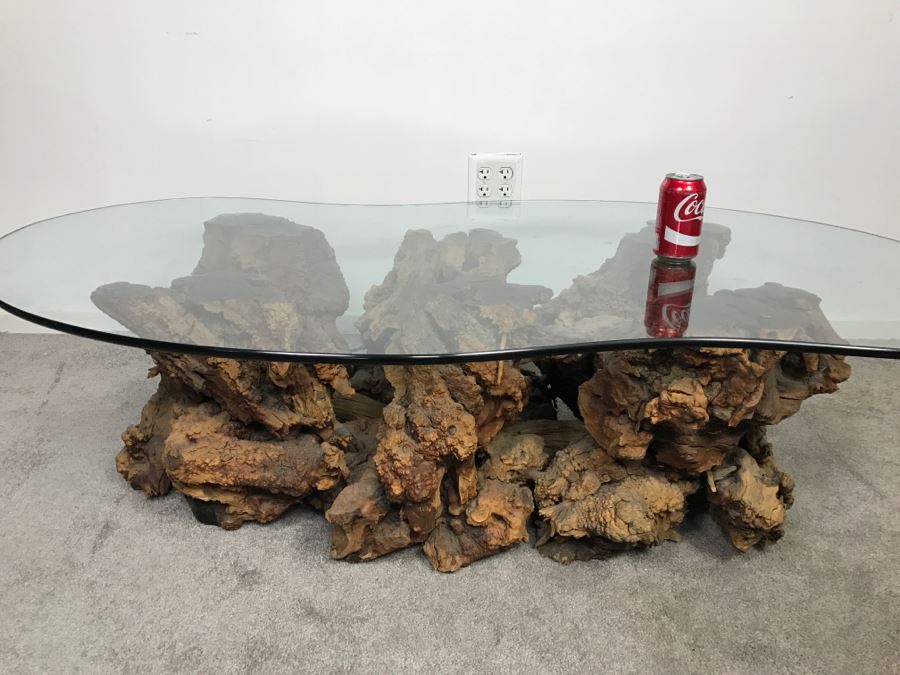 Impressive Organic Burl Wood Coffee Table Base With 3/4' Amoeba Glass Top [Photo 5]