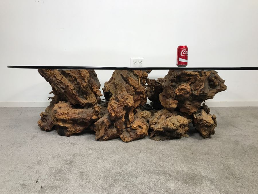 Impressive Organic Burl Wood Coffee Table Base With 3/4' Amoeba Glass Top [Photo 3]