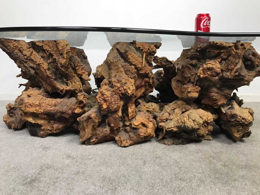 Impressive Organic Burl Wood Coffee Table Base With 3/4' Amoeba Glass Top [Photo 8]