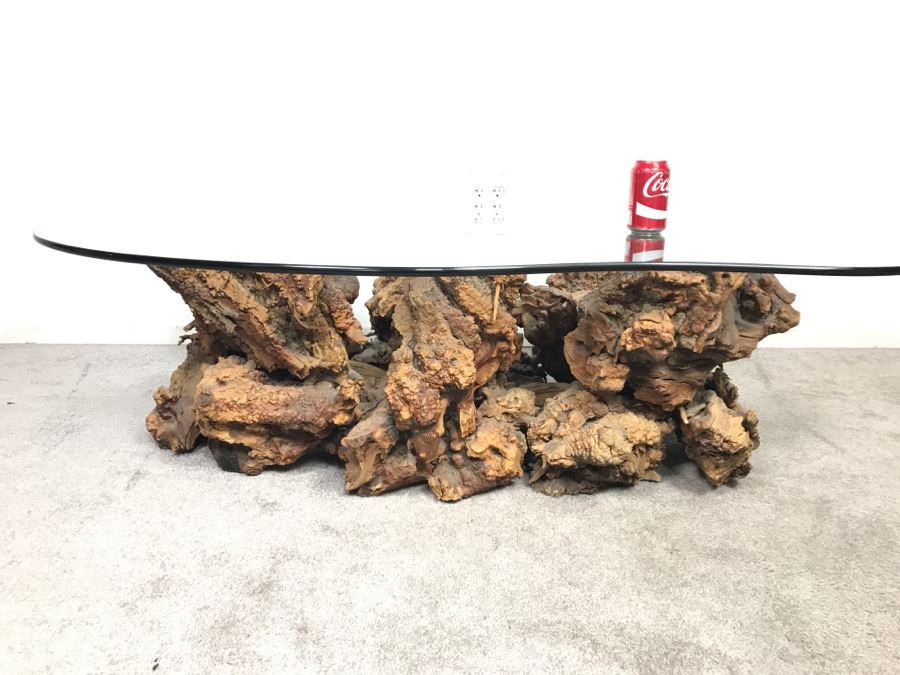 Impressive Organic Burl Wood Coffee Table Base With 3/4' Amoeba Glass Top [Photo 7]