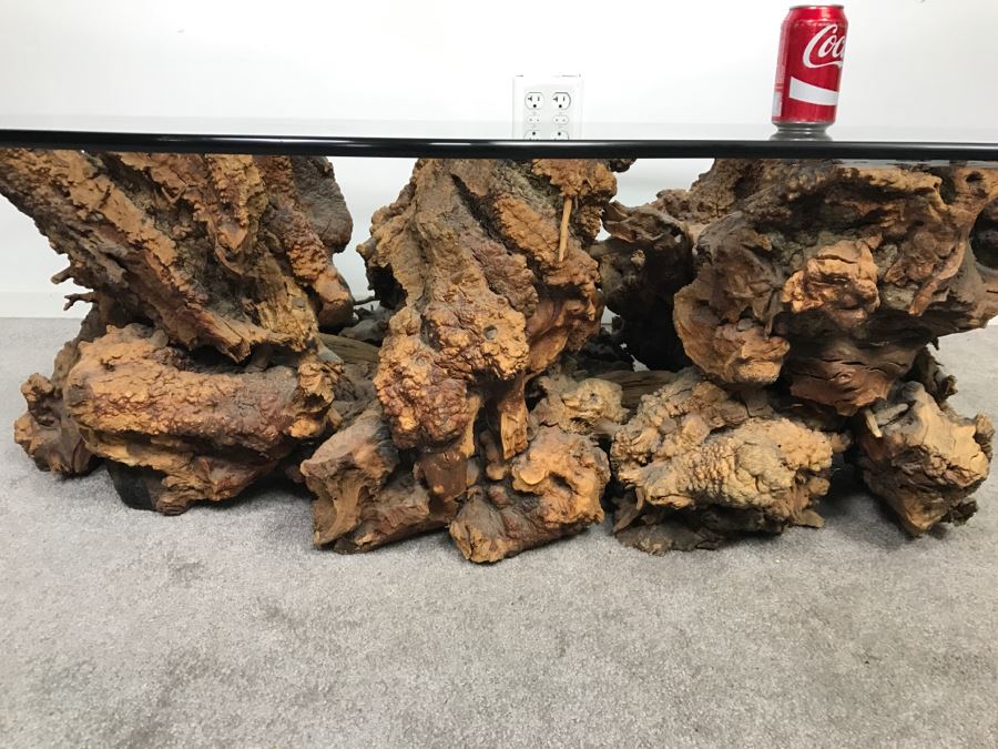 Impressive Organic Burl Wood Coffee Table Base With 3/4' Amoeba Glass Top [Photo 9]