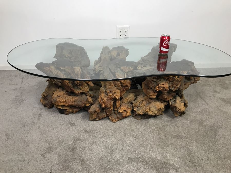 Impressive Organic Burl Wood Coffee Table Base With 3/4' Amoeba Glass Top [Photo 19]