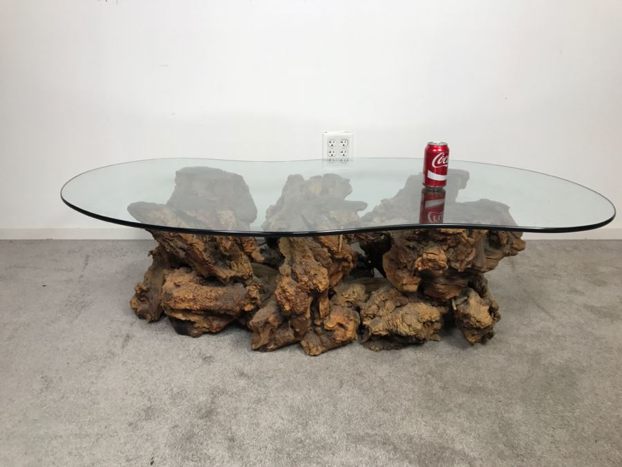Impressive Organic Burl Wood Coffee Table Base With 3/4' Amoeba Glass Top [Photo 6]