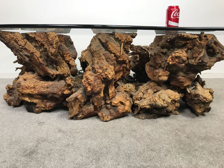 Impressive Organic Burl Wood Coffee Table Base With 3/4' Amoeba Glass Top [Photo 4]