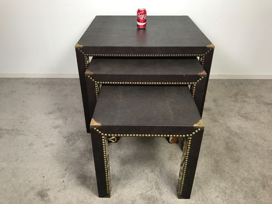 Set Of (3) Mid-Century Nesting Tables With Brass Nailheads [Photo 2]
