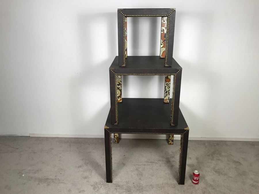 Set Of (3) Mid-Century Nesting Tables With Brass Nailheads [Photo 13]