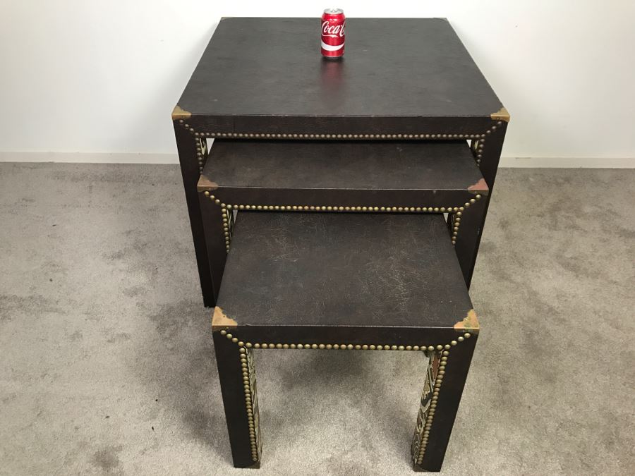 Set Of (3) Mid-Century Nesting Tables With Brass Nailheads [Photo 15]