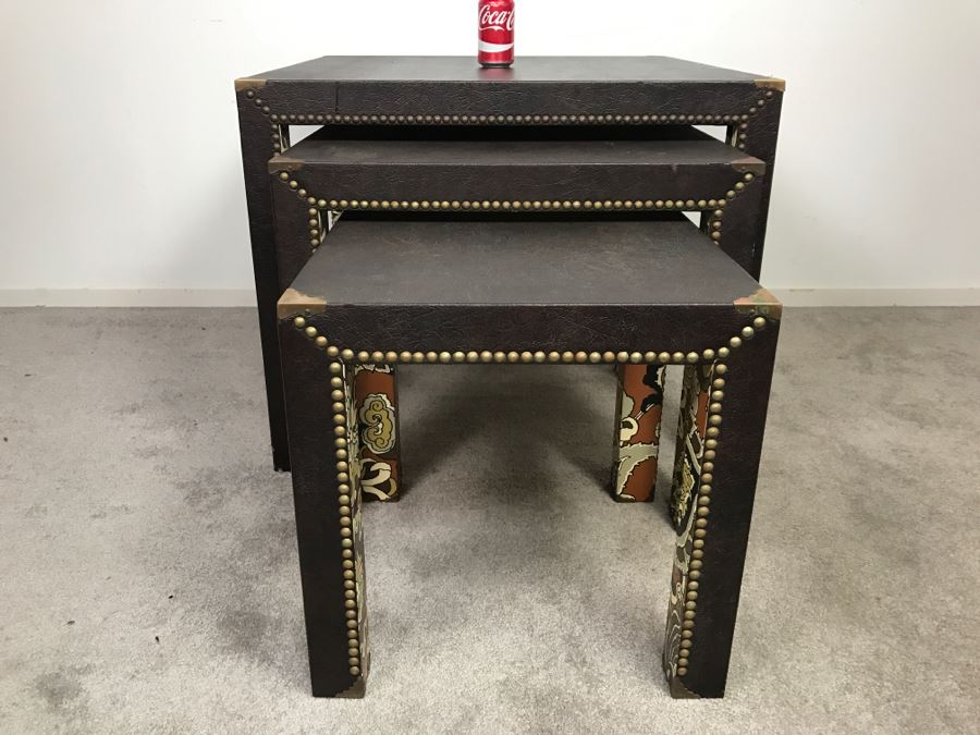 Set Of (3) Mid-Century Nesting Tables With Brass Nailheads [Photo 5]