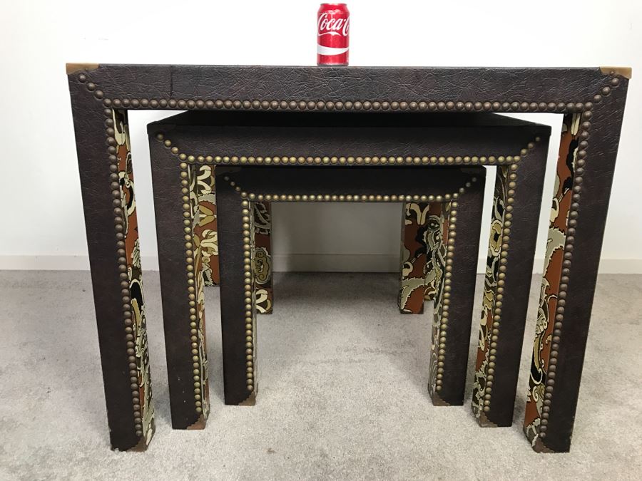 Set Of (3) Mid-Century Nesting Tables With Brass Nailheads [Photo 8]