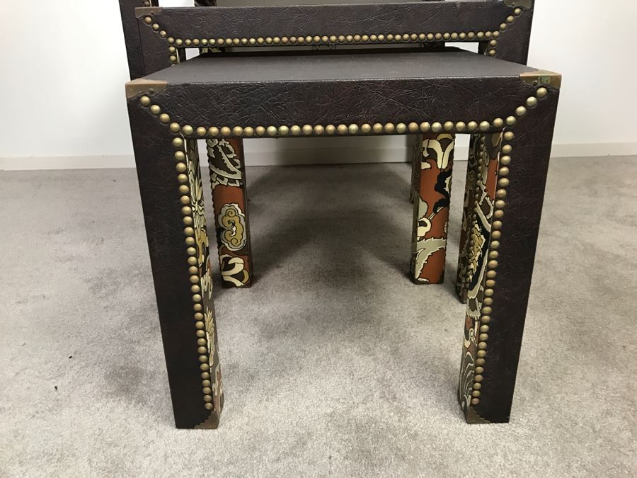 Set Of (3) Mid-Century Nesting Tables With Brass Nailheads [Photo 6]