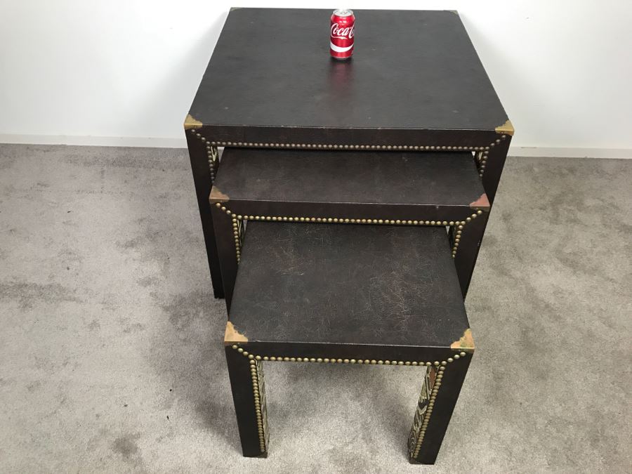 Set Of (3) Mid-Century Nesting Tables With Brass Nailheads [Photo 3]