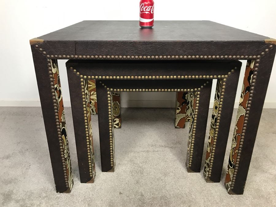 Set Of (3) Mid-Century Nesting Tables With Brass Nailheads [Photo 1]