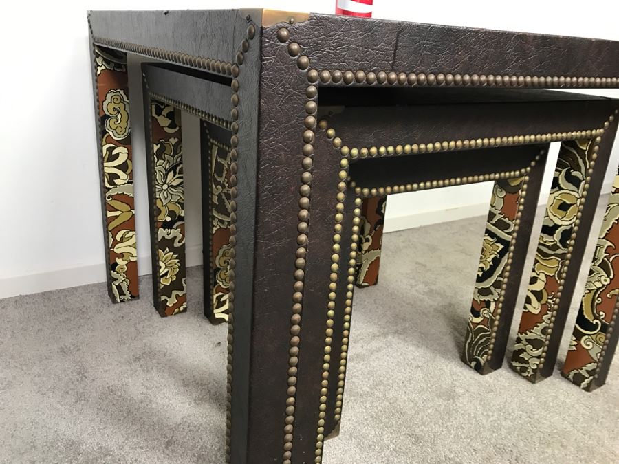 Set Of (3) Mid-Century Nesting Tables With Brass Nailheads [Photo 11]