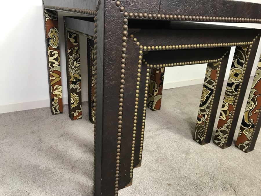 Set Of (3) Mid-Century Nesting Tables With Brass Nailheads [Photo 12]
