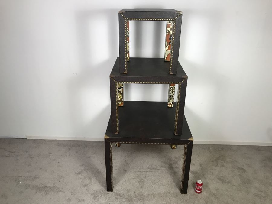 Set Of (3) Mid-Century Nesting Tables With Brass Nailheads [Photo 14]