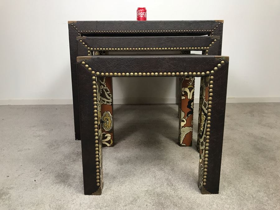 Set Of (3) Mid-Century Nesting Tables With Brass Nailheads [Photo 4]