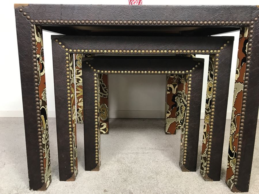Set Of (3) Mid-Century Nesting Tables With Brass Nailheads [Photo 9]