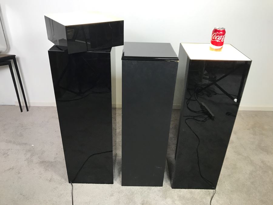 Set Of (3) Black Sculpture Pedestals - Two Light Up - One Swivels (Swiveling Pedestal Has Crack In Side Of Top) [Photo 2]