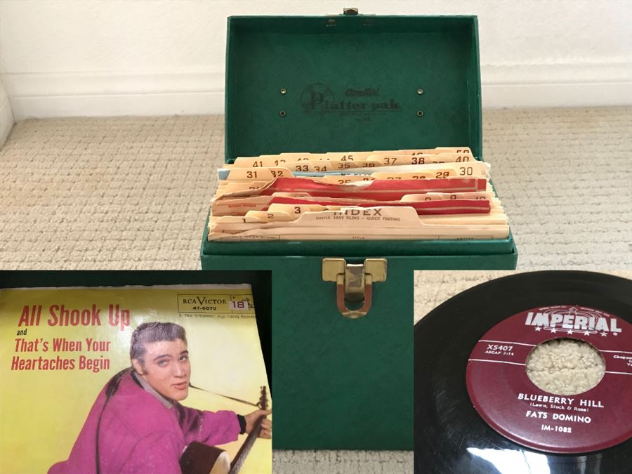 JUST ADDED - Vintage Metal 45Rpm Record Storage Box Platter-Pak With Vintage 45 Records Including Elvis Presley And Fats Domino - See Photos