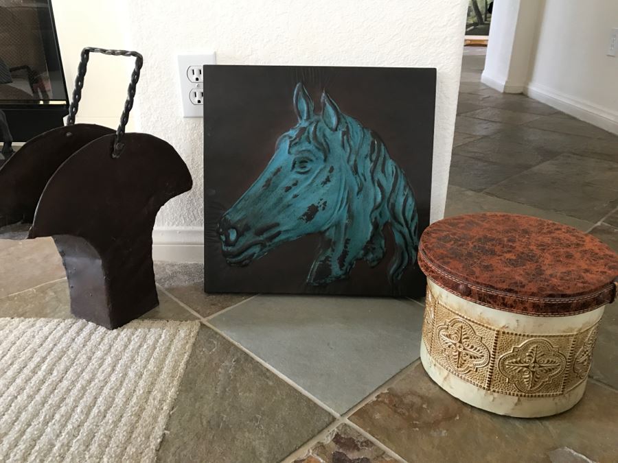 JUST ADDED - Metal Bucket, Embossed Metal Horse Picture And Decorative Box [Photo 1]