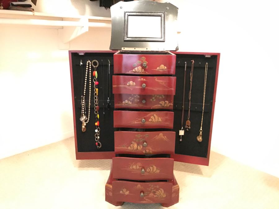 JUST ADDED - Standing Jewelry Box With Mirror And Various Jewelry Pieces - See Photos [Photo 1]