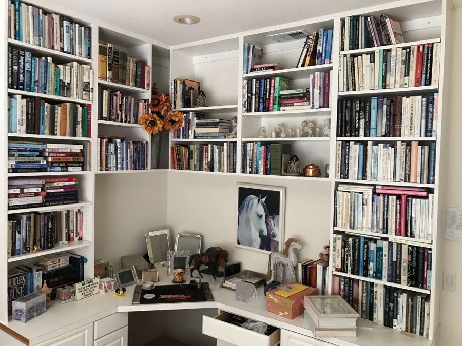 JUST ADDED - MEGA OFFICE LOT # 1 Featuring All Items On Bookshelves, Desk Top And In One Drawer With Books, Home Decor, See Details And Photos [Photo 1]