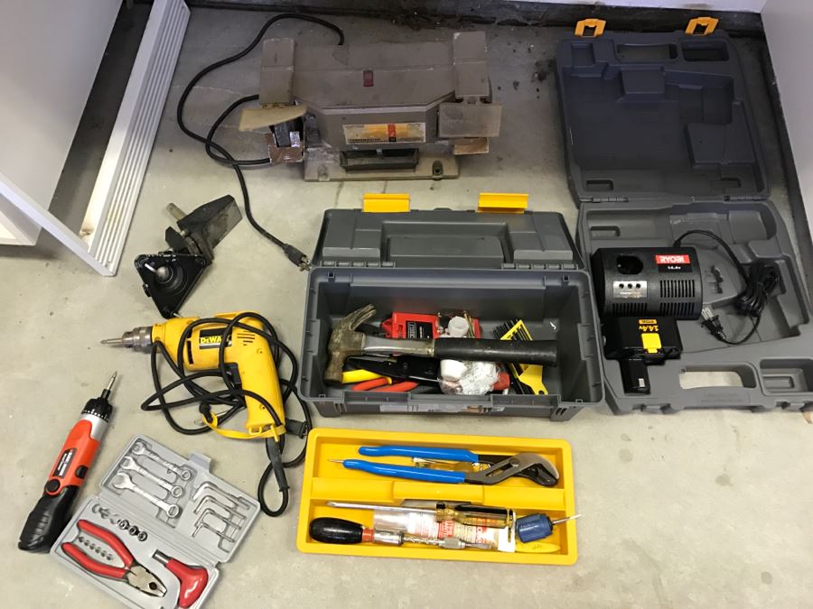 JUST ADDED - Garage Tool Lot With DeWalt Electric Drill, Toolbox With Tools, Bench Grinder, Cordless Blower And More - See Photos [Photo 2]