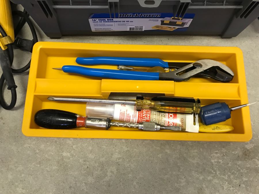 JUST ADDED - Garage Tool Lot With DeWalt Electric Drill, Toolbox With Tools, Bench Grinder, Cordless Blower And More - See Photos [Photo 4]