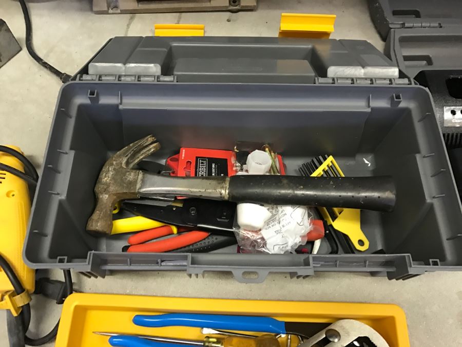 JUST ADDED - Garage Tool Lot With DeWalt Electric Drill, Toolbox With Tools, Bench Grinder, Cordless Blower And More - See Photos [Photo 3]