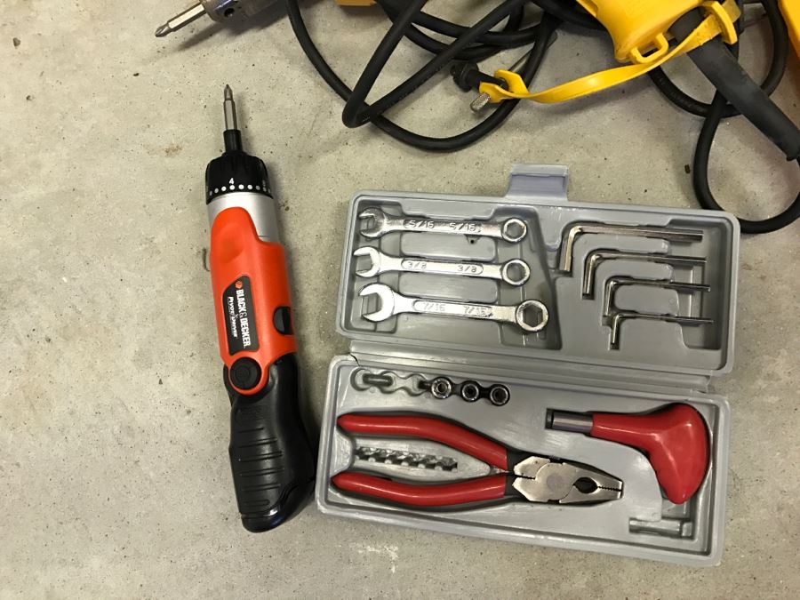 JUST ADDED - Garage Tool Lot With DeWalt Electric Drill, Toolbox With Tools, Bench Grinder, Cordless Blower And More - See Photos [Photo 6]