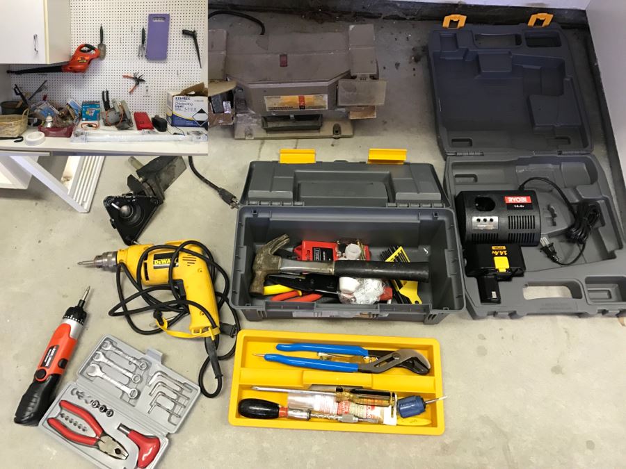 JUST ADDED - Garage Tool Lot With DeWalt Electric Drill, Toolbox With Tools, Bench Grinder, Cordless Blower And More - See Photos