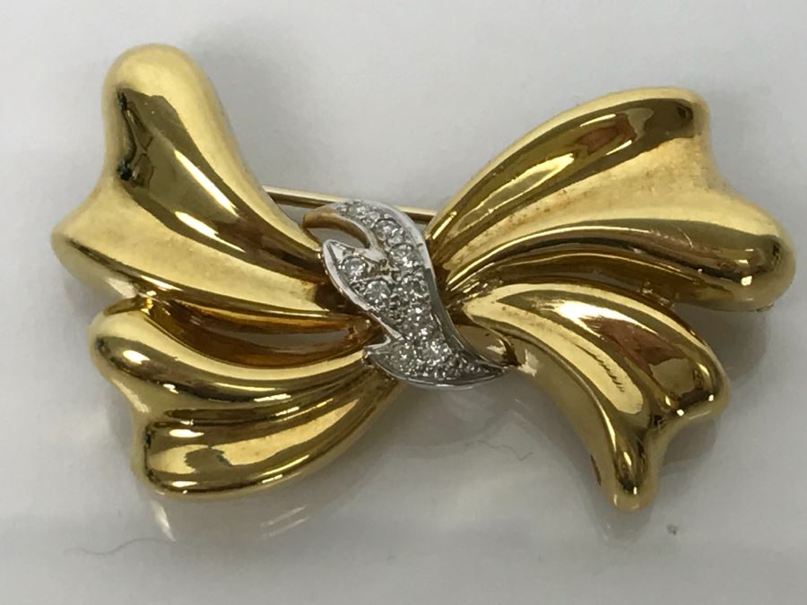 18K Yellow Gold Diamond Bow Brooch .25Cttw 12.4g FMV $1,000 [Photo 13]
