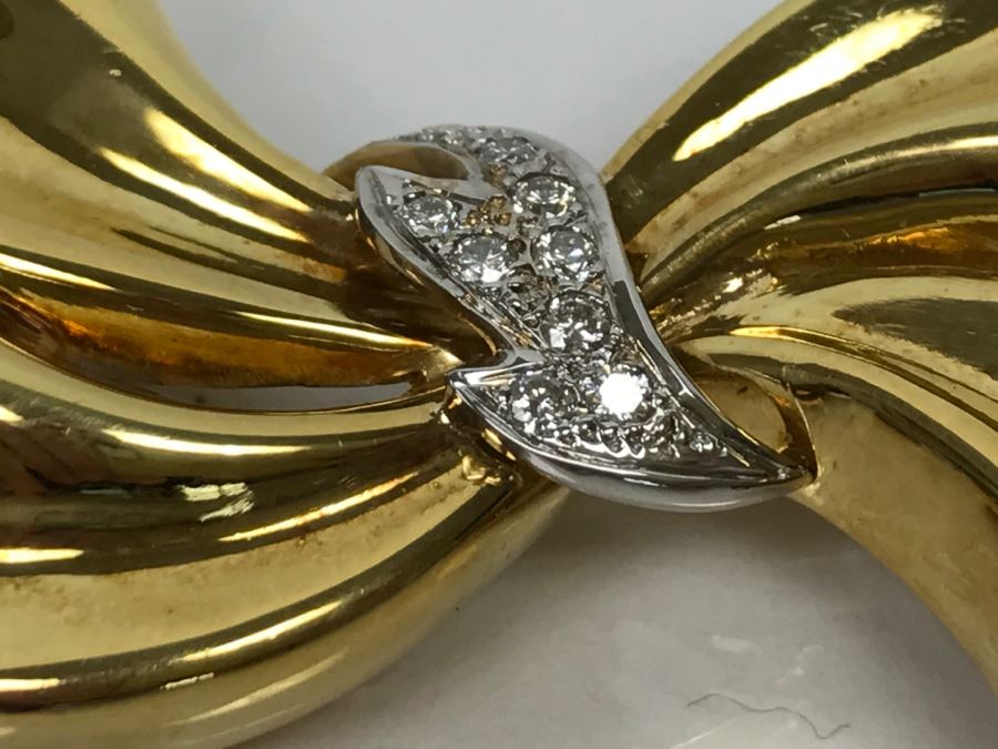 18K Yellow Gold Diamond Bow Brooch .25Cttw 12.4g FMV $1,000 [Photo 2]