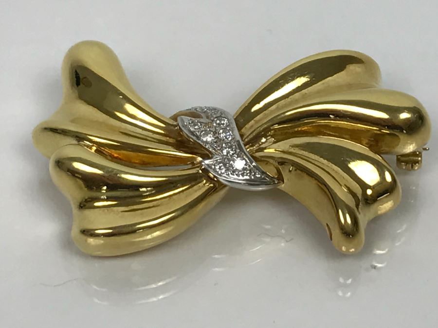 18K Yellow Gold Diamond Bow Brooch .25Cttw 12.4g FMV $1,000 [Photo 1]