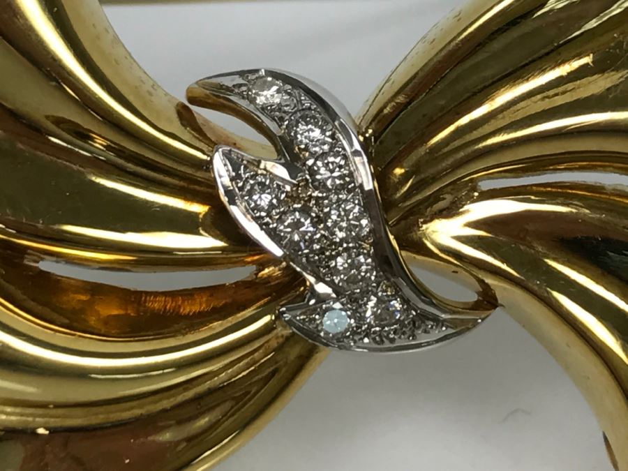 18K Yellow Gold Diamond Bow Brooch .25Cttw 12.4g FMV $1,000 [Photo 8]