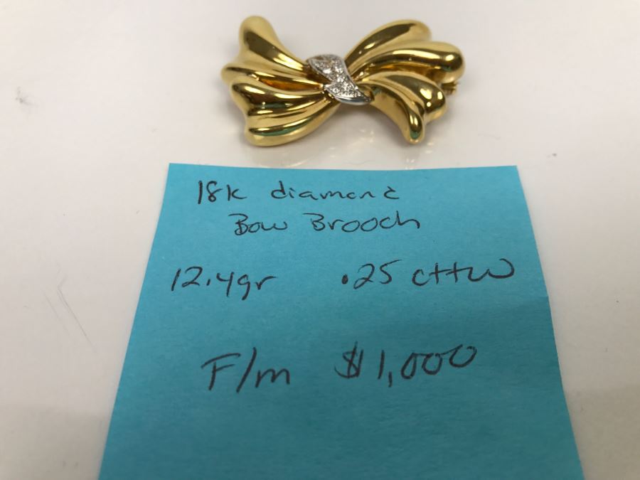 18K Yellow Gold Diamond Bow Brooch .25Cttw 12.4g FMV $1,000 [Photo 20]