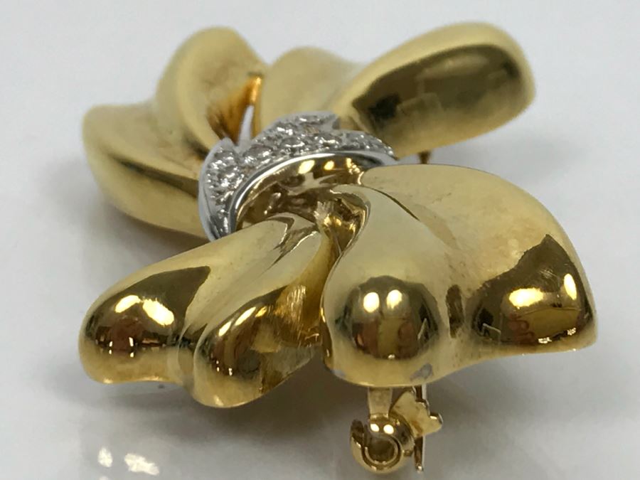 18K Yellow Gold Diamond Bow Brooch .25Cttw 12.4g FMV $1,000 [Photo 10]