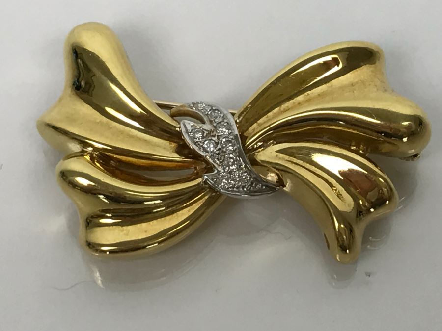 18K Yellow Gold Diamond Bow Brooch .25Cttw 12.4g FMV $1,000 [Photo 12]