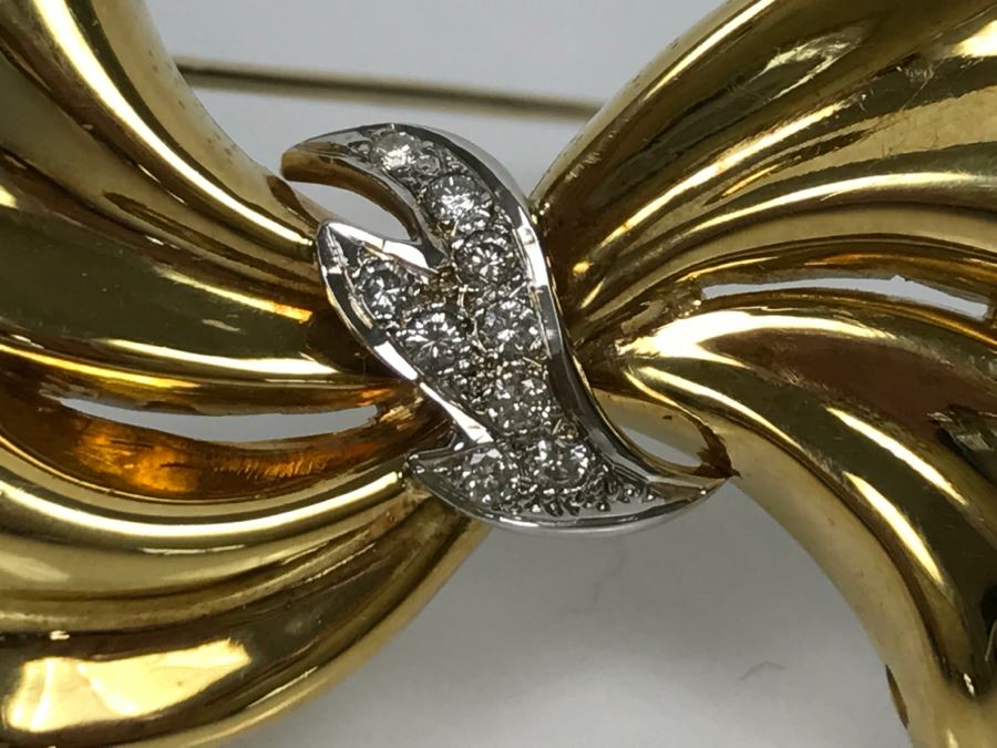 18K Yellow Gold Diamond Bow Brooch .25Cttw 12.4g FMV $1,000 [Photo 9]