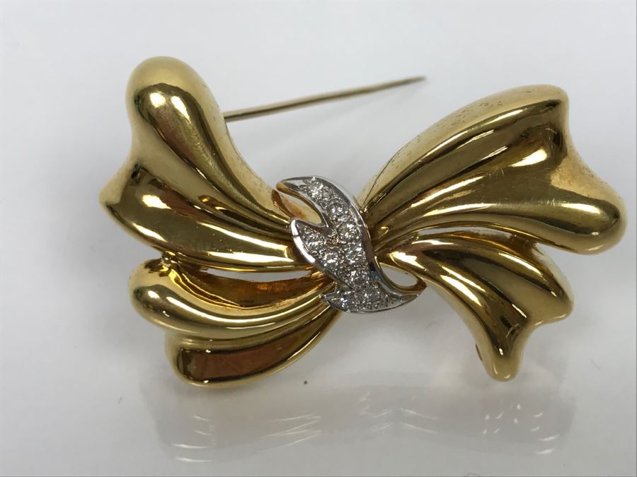 18K Yellow Gold Diamond Bow Brooch .25Cttw 12.4g FMV $1,000 [Photo 7]
