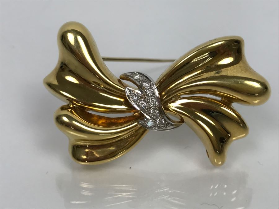 18K Yellow Gold Diamond Bow Brooch .25Cttw 12.4g FMV $1,000 [Photo 6]