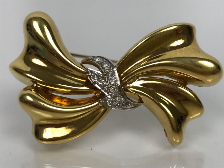 18K Yellow Gold Diamond Bow Brooch .25Cttw 12.4g FMV $1,000 [Photo 5]