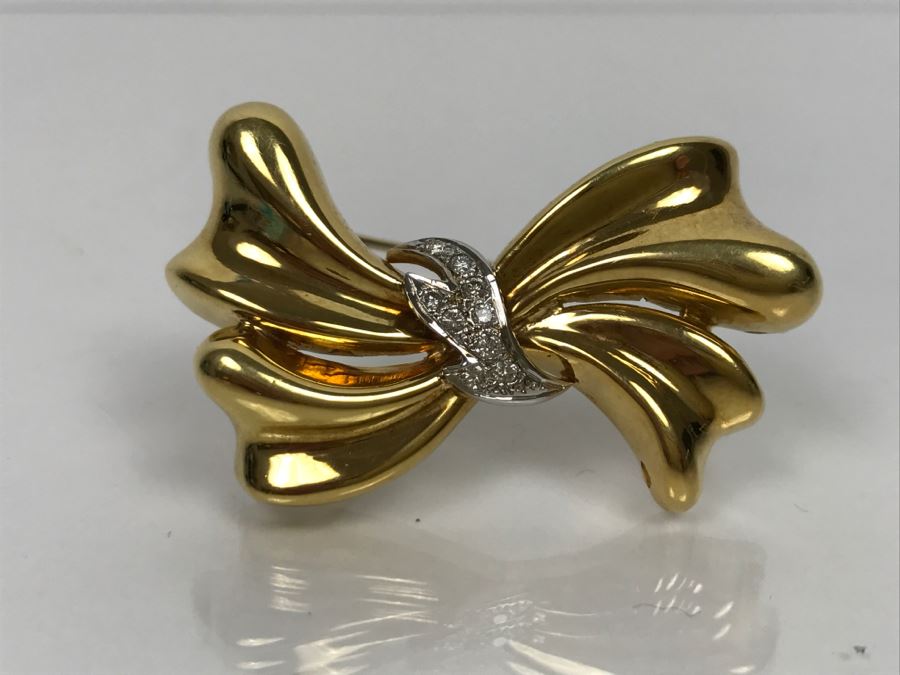 18K Yellow Gold Diamond Bow Brooch .25Cttw 12.4g FMV $1,000 [Photo 4]